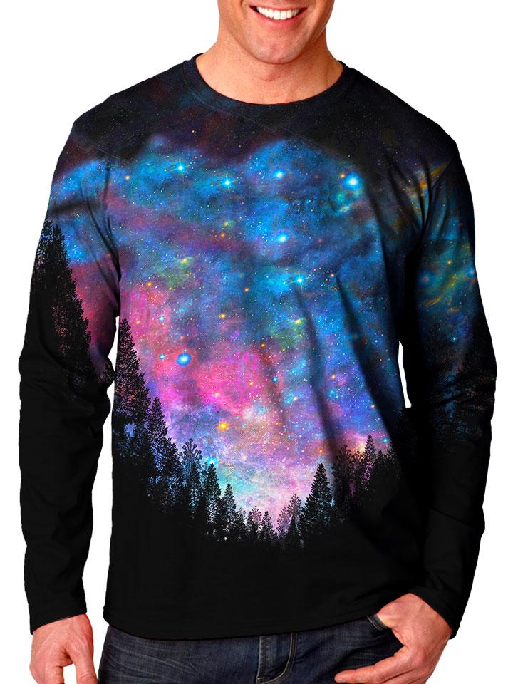 Front view of model wearing Gratefully Dyed Apparel forest galaxy unisex long sleeve.