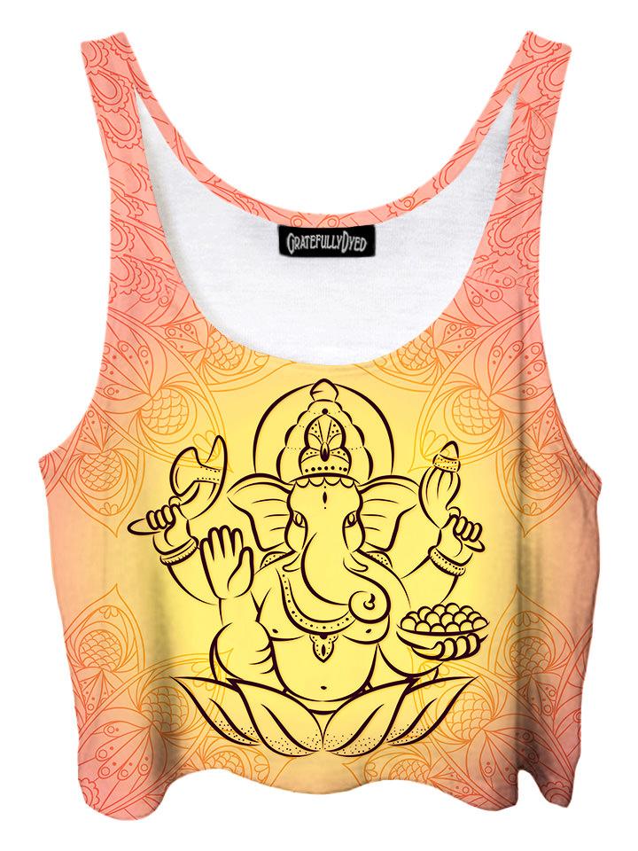 Trippy front view of GratefullyDyed Apparel pink, yellow & black Ganesha elephant lotus crop top.