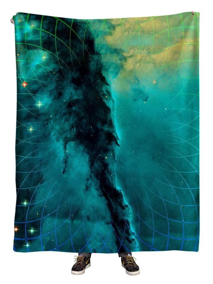 Hanging view of all over print teal & gold sacred geometry galaxy blanket by GratefullyDyed Apparel.