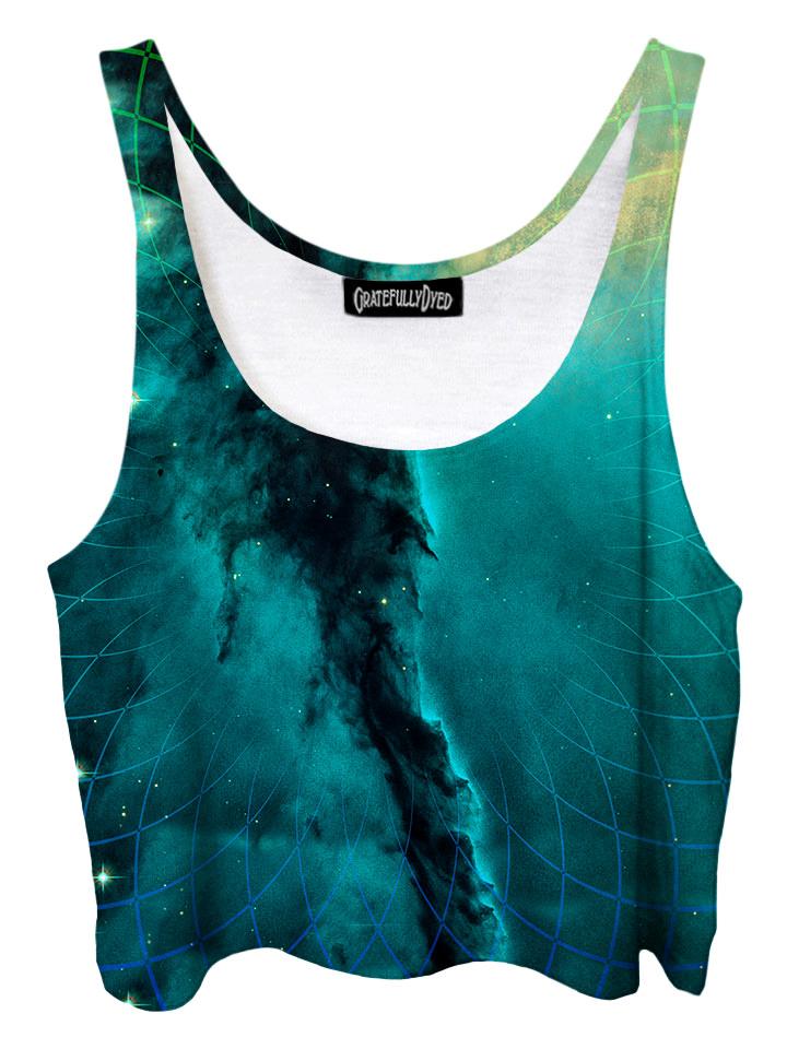Trippy front view of GratefullyDyed Apparel teal & gold geometric galaxy crop top.
