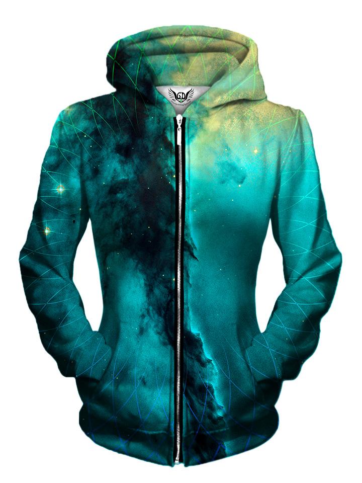 Front view of women's all over print geometric space zip up hoody by Gratefully Dyed Apparel.