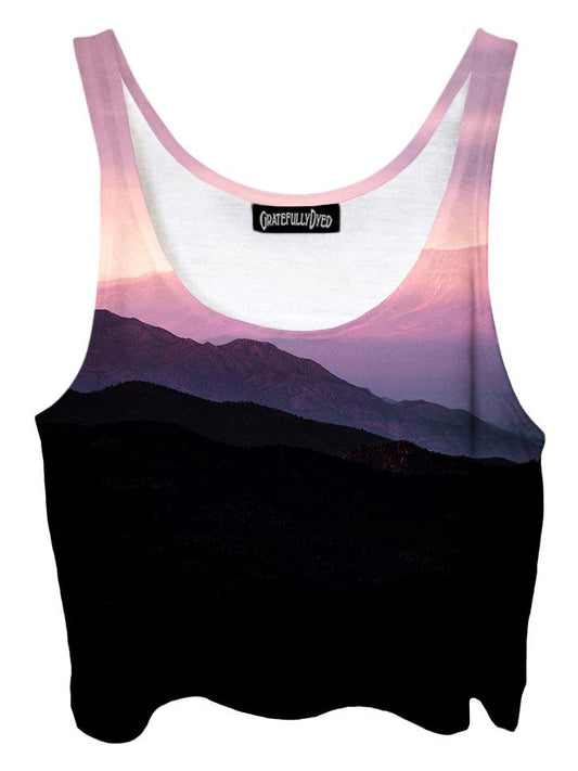 Trippy front view of GratefullyDyed Apparel black & purple mountain crop top.