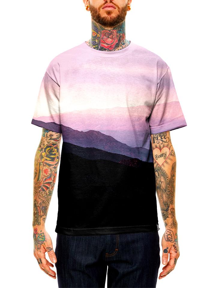 Model wearing GratefullyDyed Apparel purple mountain skyline unisex t-shirt.
