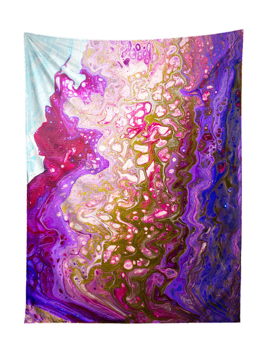 Vertical hanging view of all over print pink, purple & gold marble painting tapestry by GratefullyDyed Apparel.