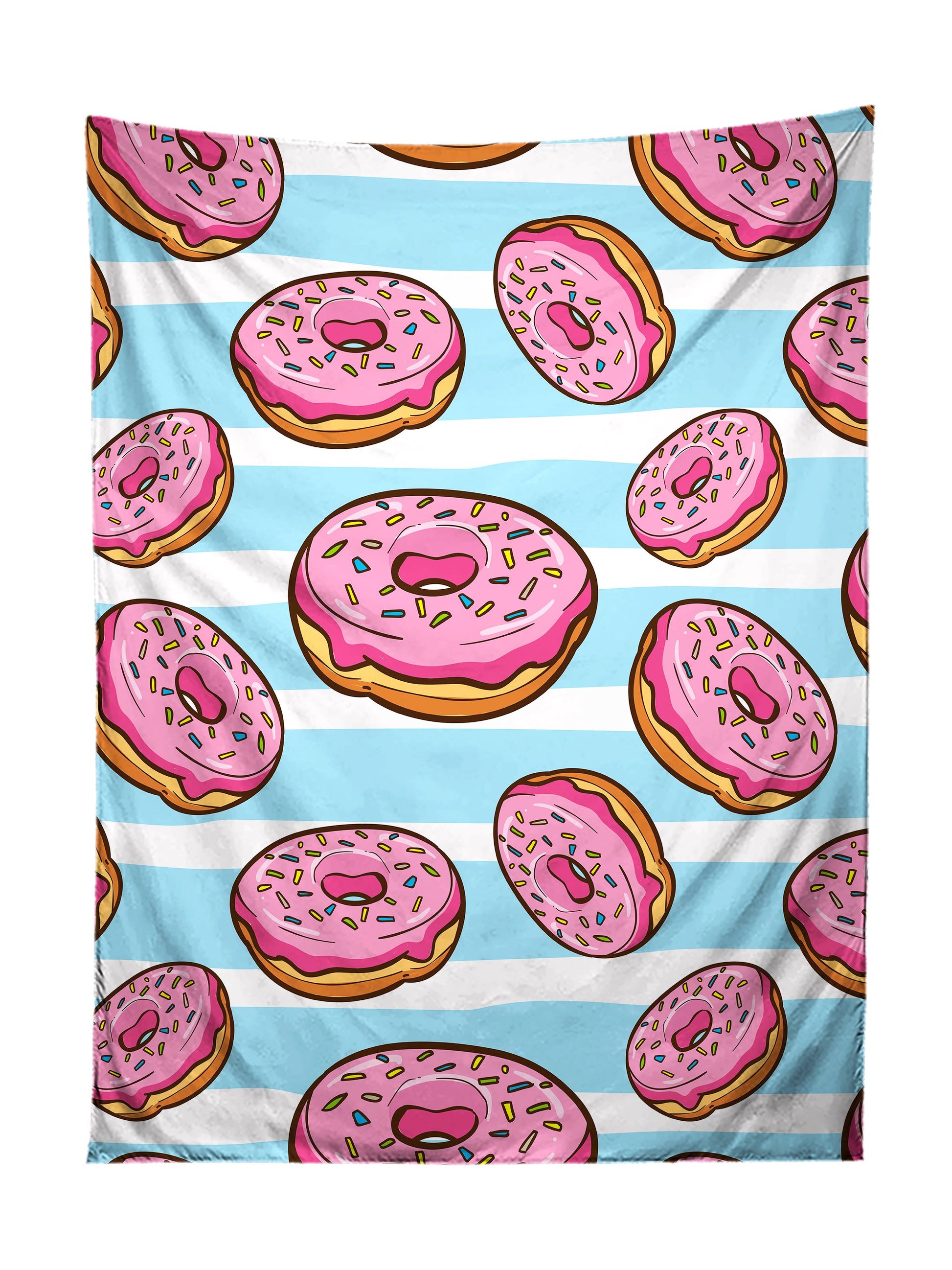 Vertical hanging view of all over print pink donut with blue & white striped background tapestry by GratefullyDyed Apparel.