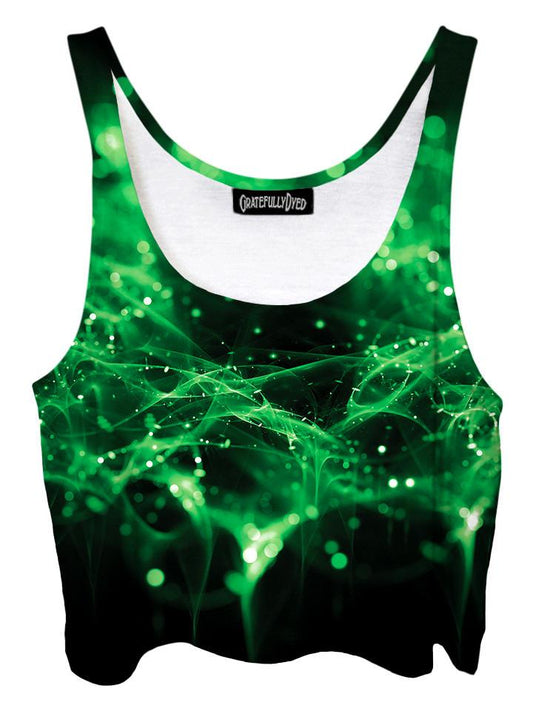 Trippy front view of GratefullyDyed Apparel green & black spirits galaxy crop top.