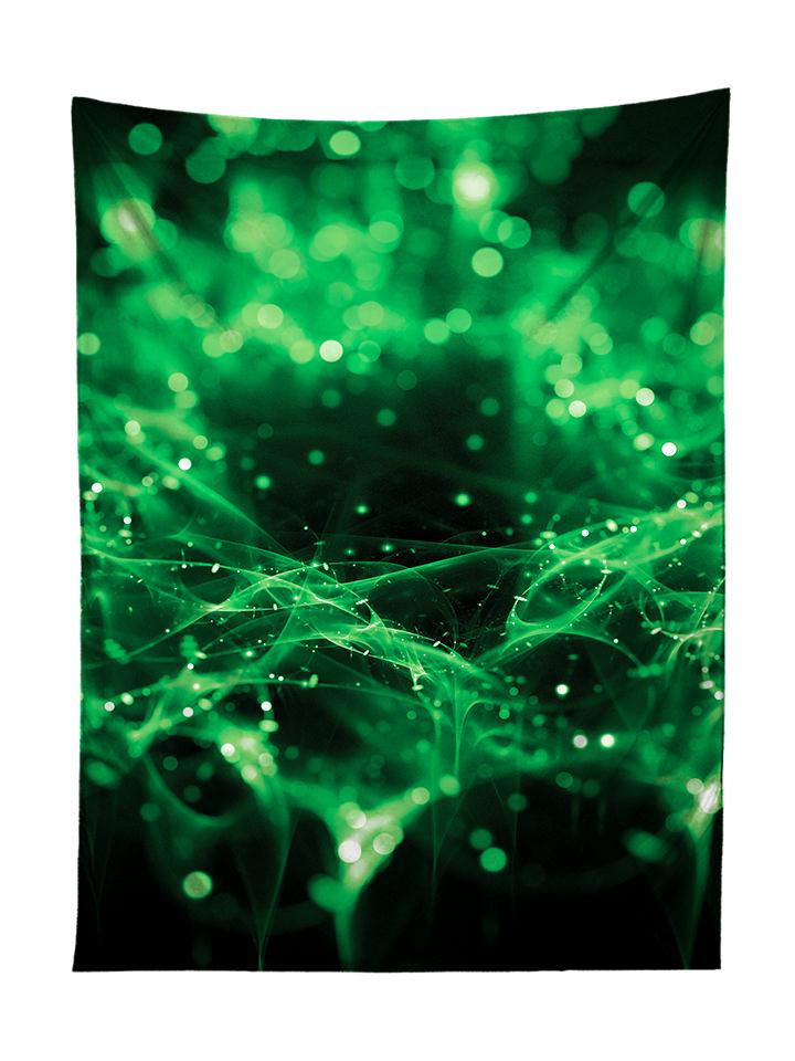 Vertical hanging view of all over print green spirits galaxy tapestry by GratefullyDyed Apparel.