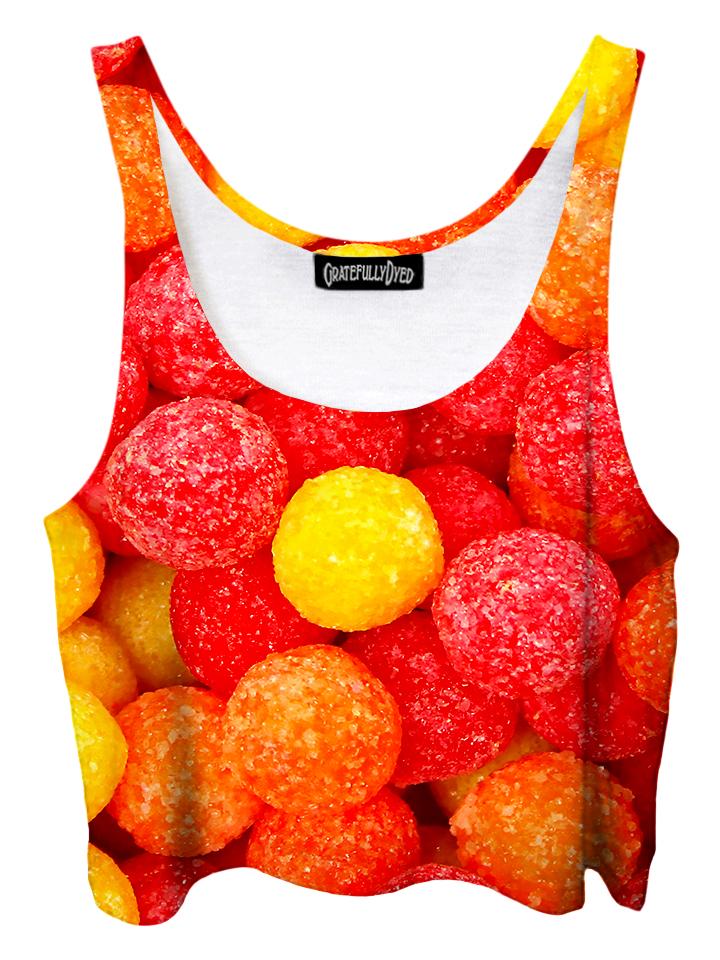 Trippy front view of GratefullyDyed Apparel red, orange & yellow gumdrop crop top.