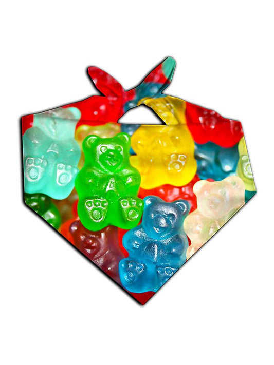 All over print rainbow gummy bears bandana by GratefullyDyed Apparel tied neck scarf view.