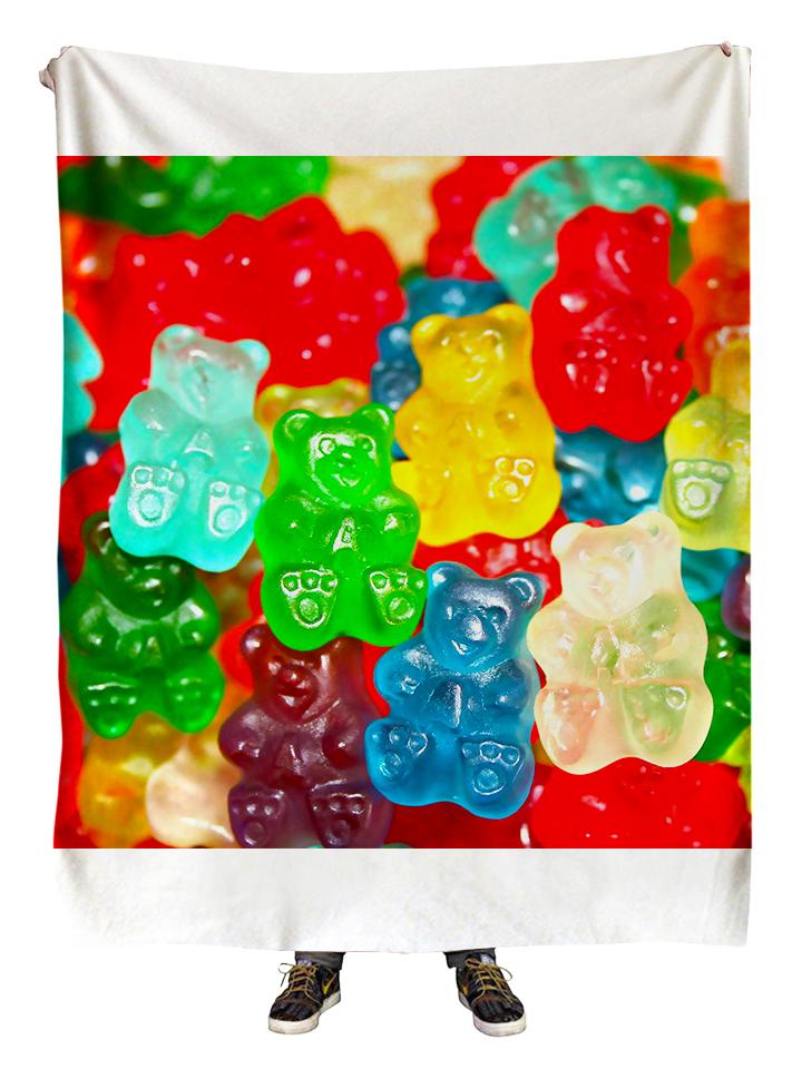 Hanging view of all over print rainbow gummy bears blanket by GratefullyDyed Apparel.