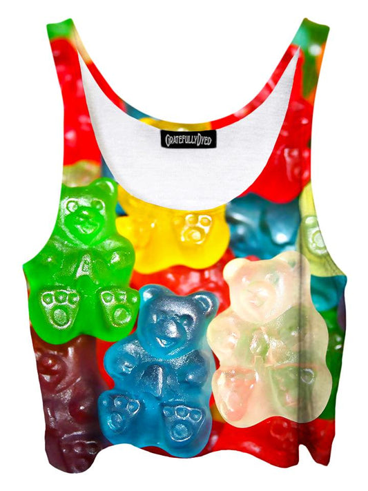 Trippy front view of GratefullyDyed Apparel rainbow gummy bears crop top.