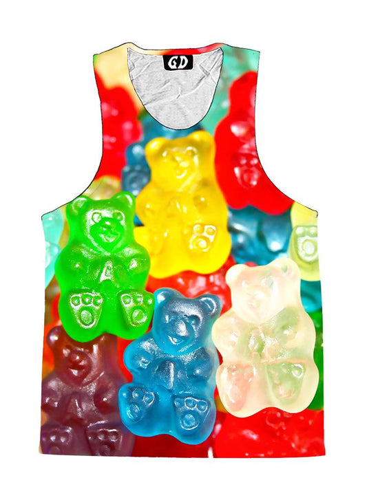 Front view of trippy rainbow gummy bears unisex tank.