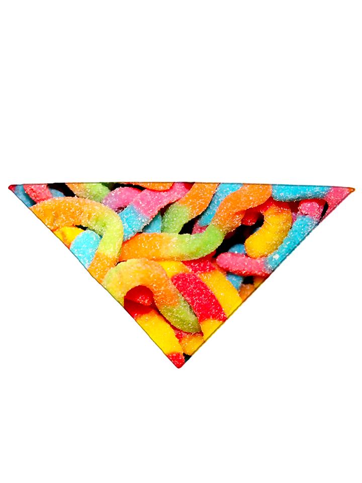 Diagonally folded psychedelic gummies printed headband.