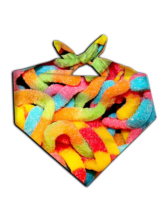 All over print rainbow gummy worms bandana by GratefullyDyed Apparel tied neck scarf view.