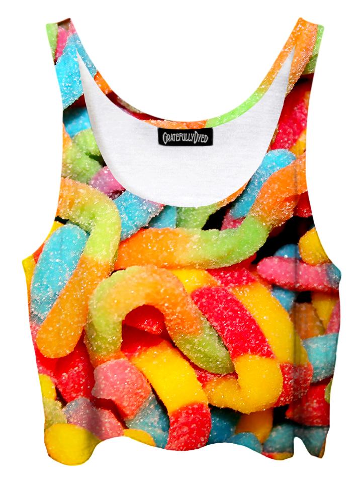 Trippy front view of GratefullyDyed Apparel rainbow gummy worms crop top.