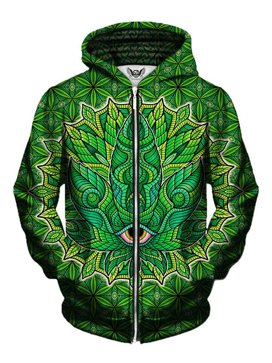 Green stoner leaf zip up hoodie front view