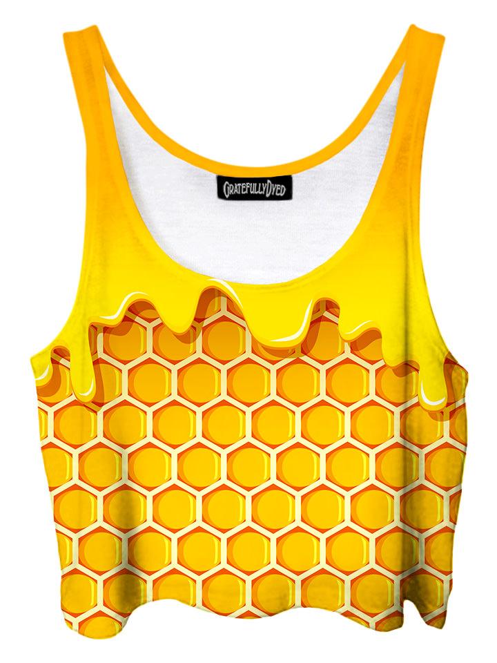 Trippy front view of GratefullyDyed Apparel yellow & gold dripping honeycomb crop top.