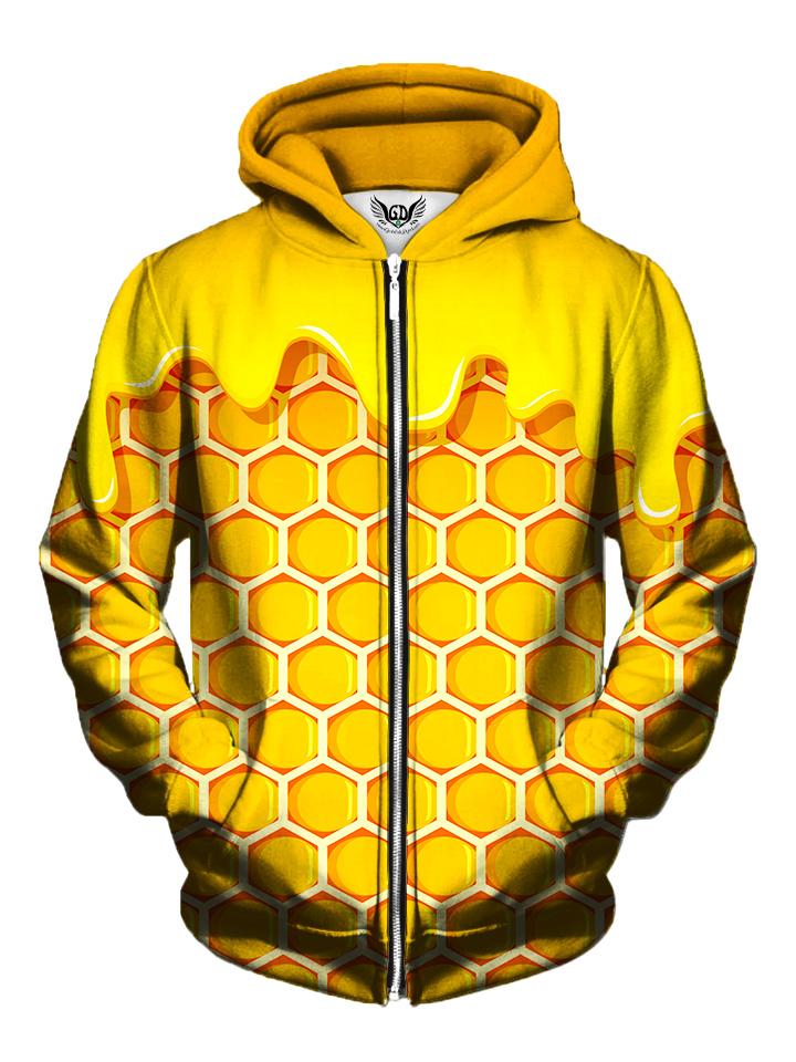 Men's yellow & gold dripping honeycomb zip-up hoodie front view.