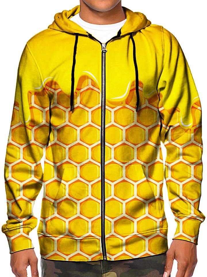 Model wearing GratefullyDyed Apparel psychedelic dripping honey comb zip-up hoodie.