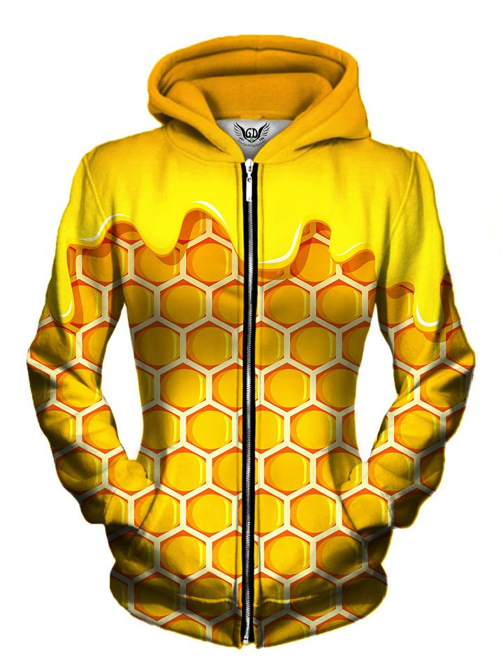 Front view of women's all over print bho honey oil zip up hoody by Gratefully Dyed Apparel.
