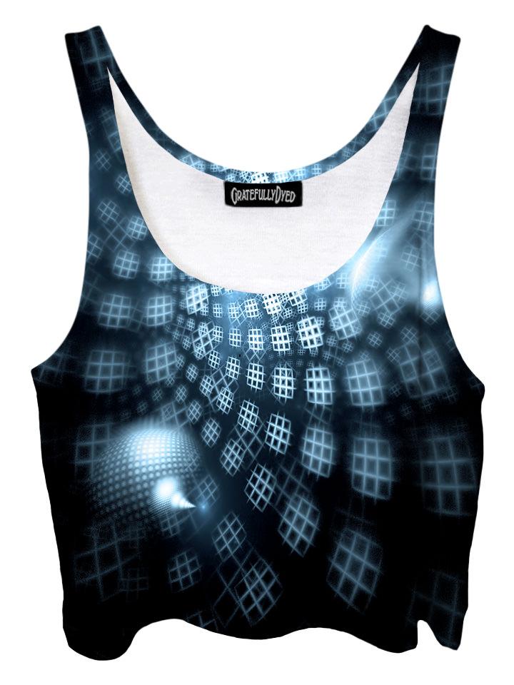 Trippy front view of GratefullyDyed Apparel black & blue geometric light show fractal crop top.