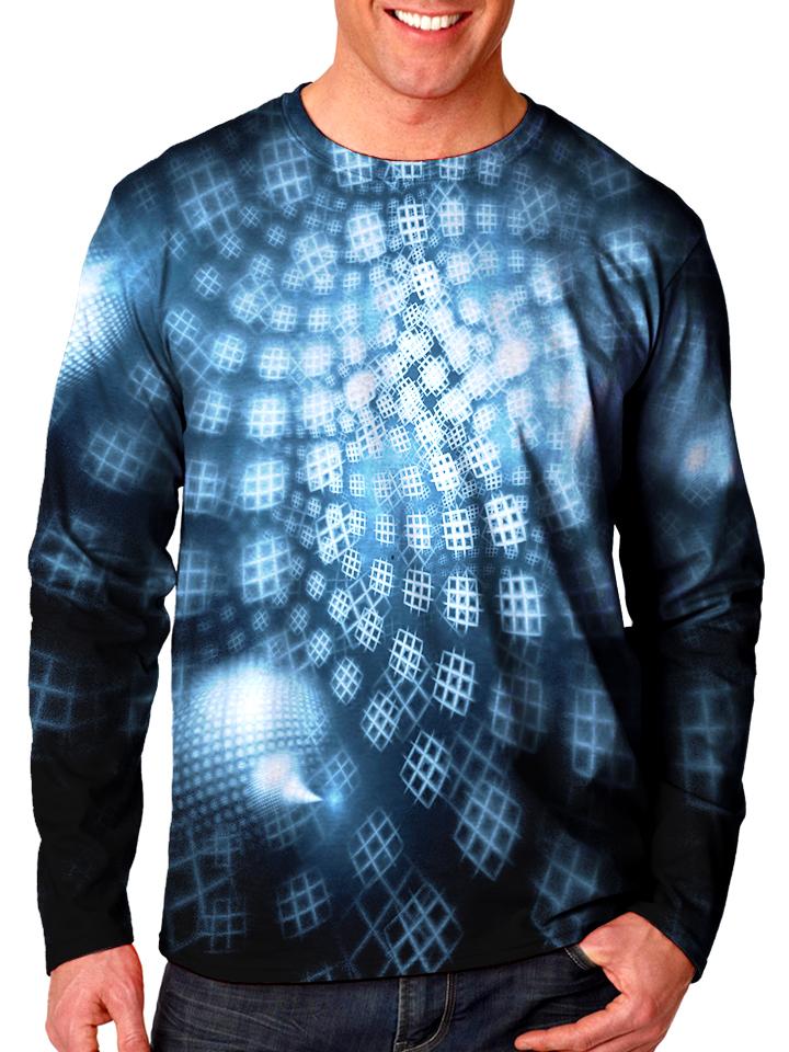 Model wearing Gratefully Dyed Apparel honeycomb fractal unisex long sleeve front view.