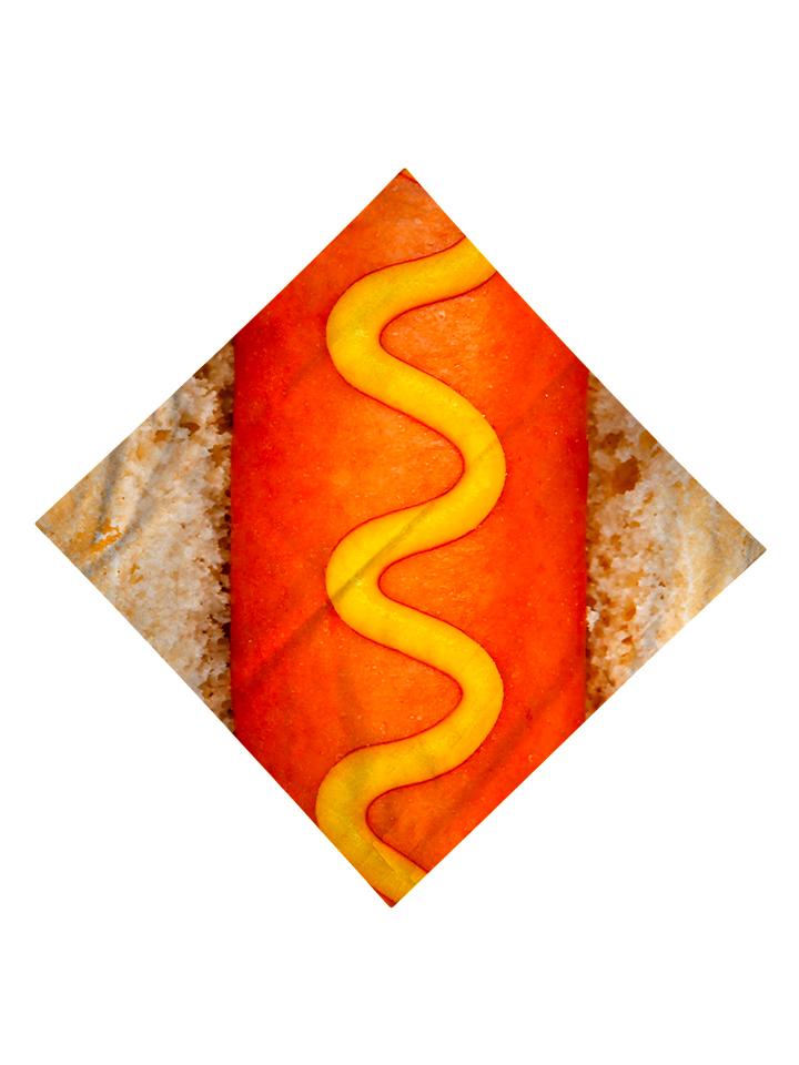 Trippy Gratefully Dyed Apparel hot dog with mustard bandana flat view.