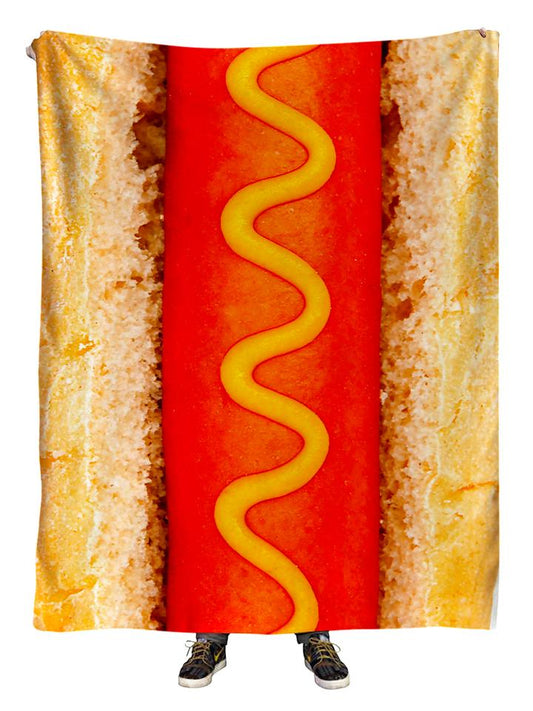Hanging view of all over print mustard hot dog blanket by GratefullyDyed Apparel.