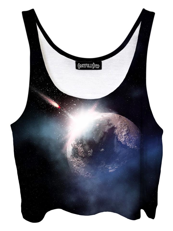 Trippy front view of GratefullyDyed Apparel black & gray dark planet galaxy crop top.