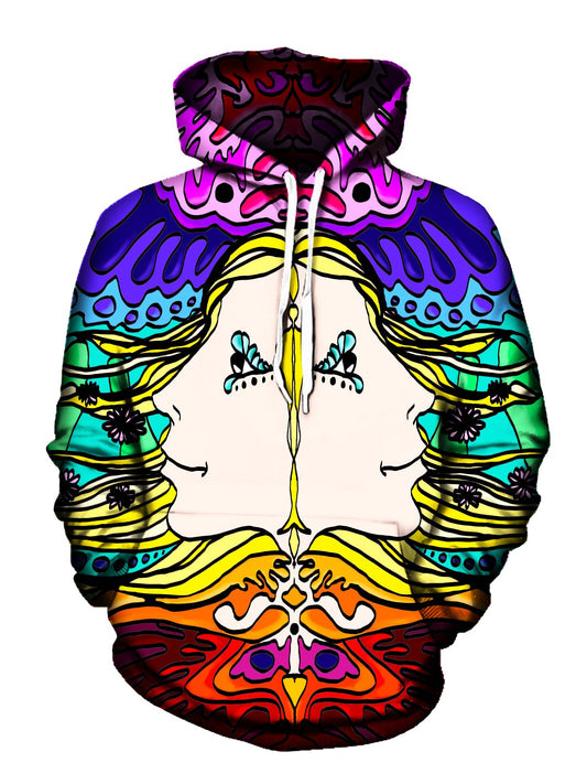 Men's rainbow background with mirrored face psychedelic artwork pullover hoodie front view.