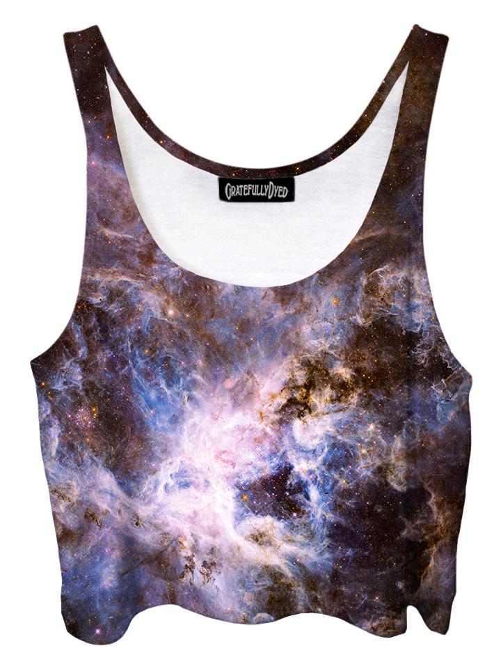 Trippy front view of GratefullyDyed Apparel purple & blue pastel galaxy crop top.