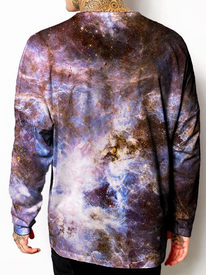 Model back view of all over print psychedelic space unisex longsleeve.