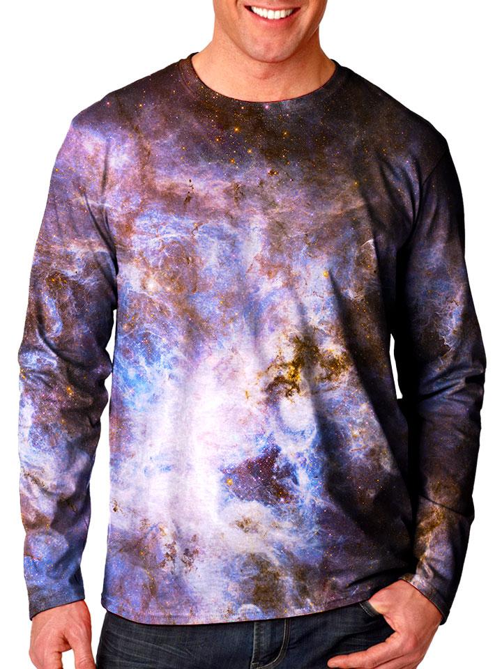 Front view of model wearing Gratefully Dyed Apparel pastel galaxy unisex long sleeve.
