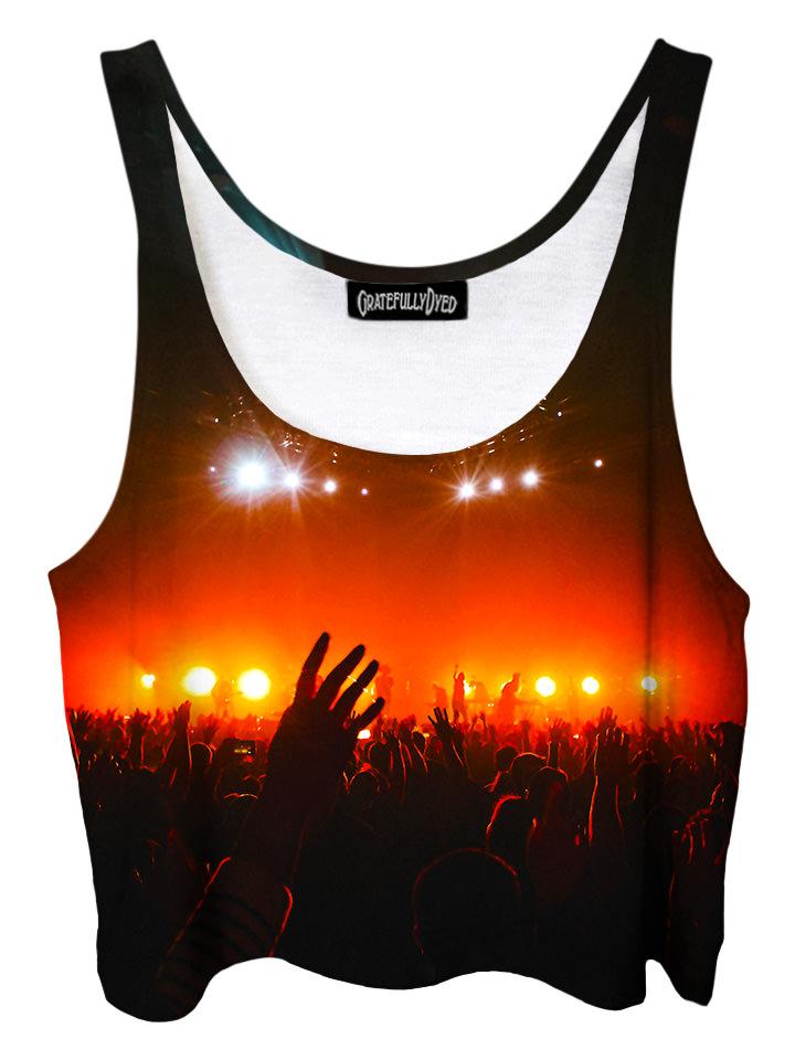 Trippy front view of GratefullyDyed Apparel red & black concert light show crop top.