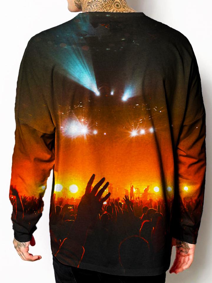 Model back view of all over print psychedelic moments to share unisex longsleeve.