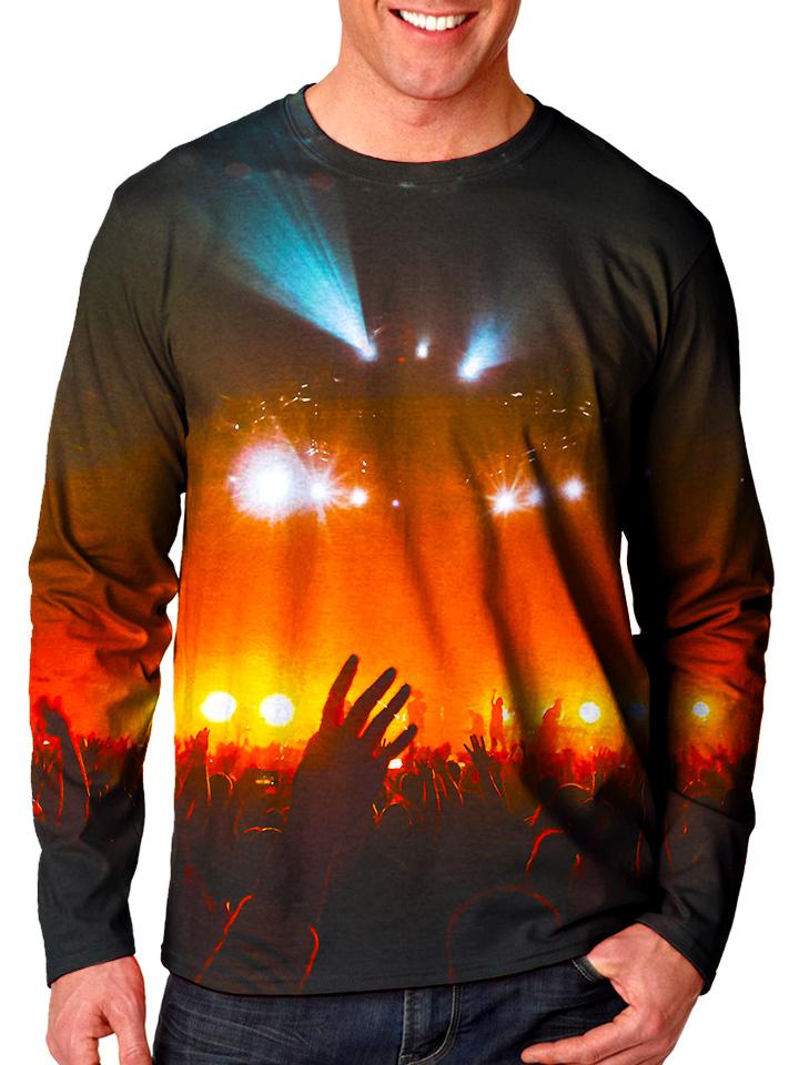 Front view of model wearing Gratefully Dyed Apparel concert light show unisex long sleeve.