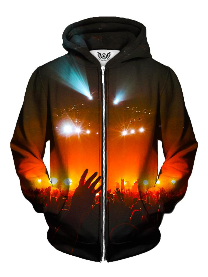 Men's black & red concert light show zip-up hoodie front view.