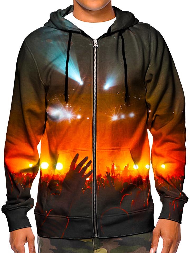 Model wearing GratefullyDyed Apparel psychedelic black & red concert light show zip-up hoodie.