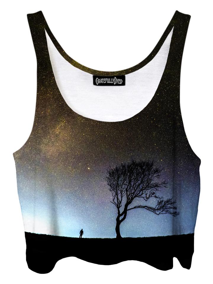 Trippy front view of GratefullyDyed Apparel black & gray tree galaxy crop top.