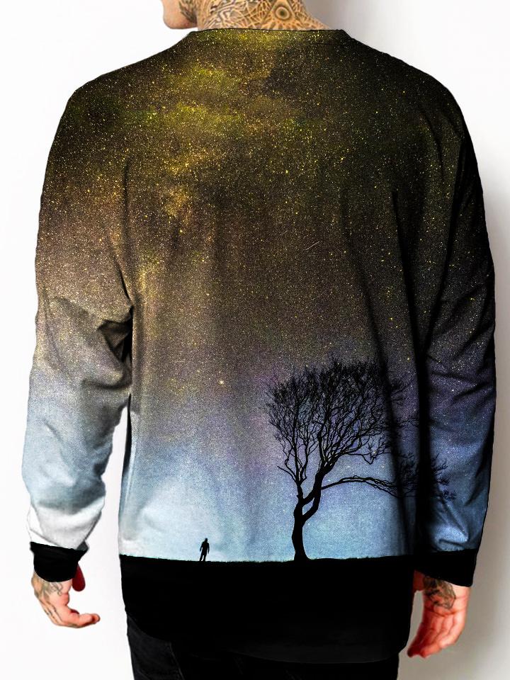 Model back view of all over print psychedelic tree space unisex longsleeve.