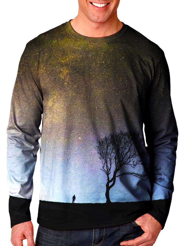 Front view of model wearing Gratefully Dyed Apparel gray galaxy & black tree long sleeve.
