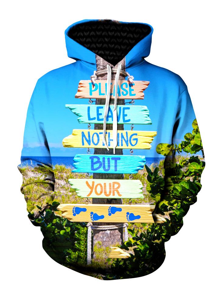 Men's "Leave Nothing But Your Foot Prints" beach bum pullover hoodie front view.