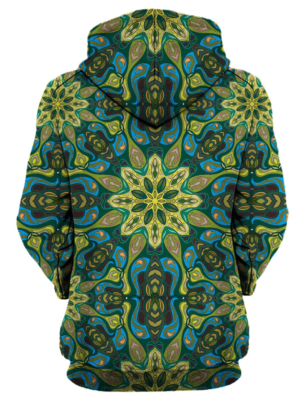 Rear of women's all over print green & blue psychedelic mandala hoody. 