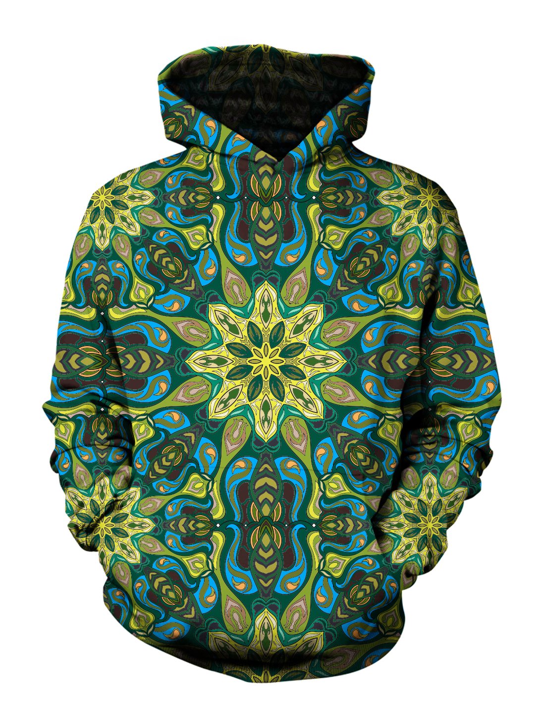 Men's green & blue psychedelic mandala pullover hoodie front view.