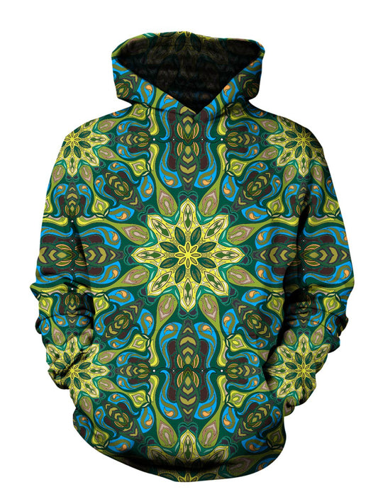 Men's green & blue psychedelic mandala pullover hoodie front view.