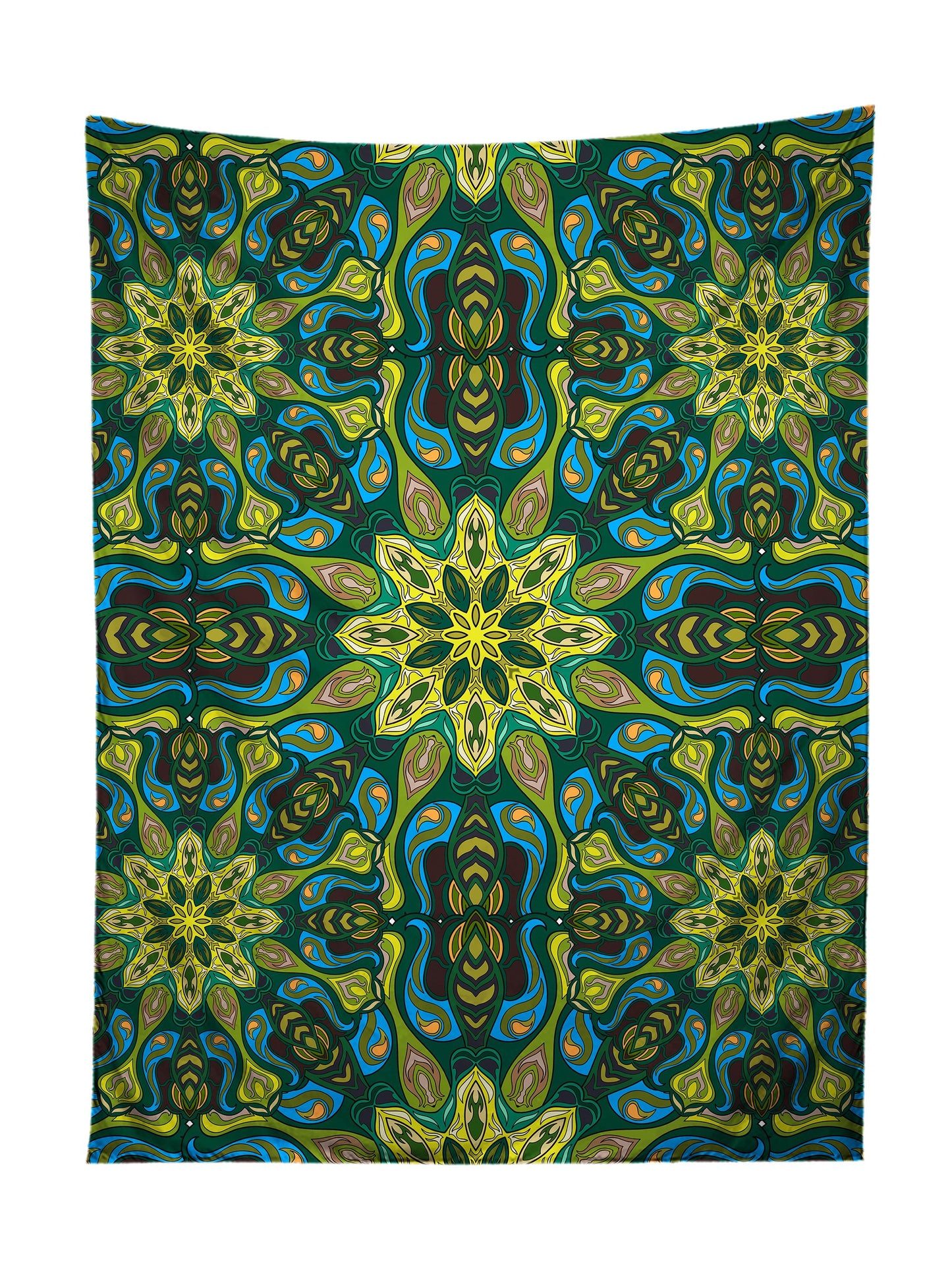 Vertical hanging view of all over print green & blue mandala tapestry by GratefullyDyed Apparel.