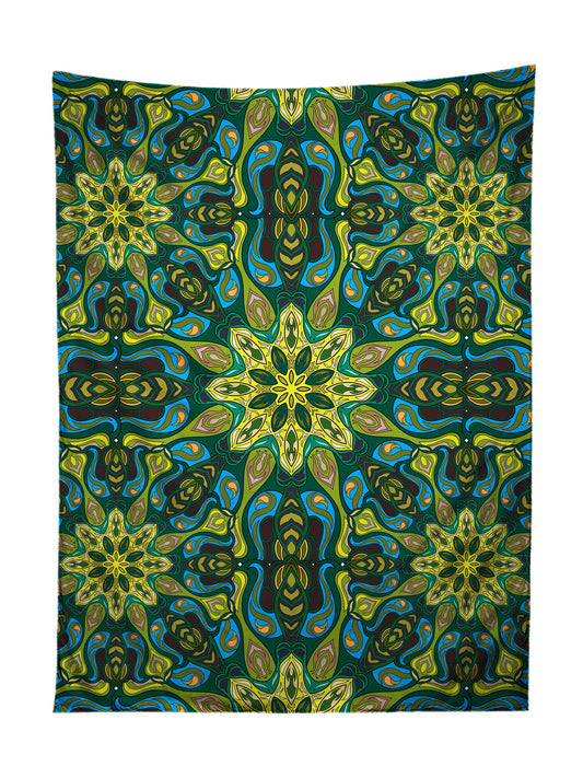 Vertical hanging view of all over print green & blue mandala tapestry by GratefullyDyed Apparel.