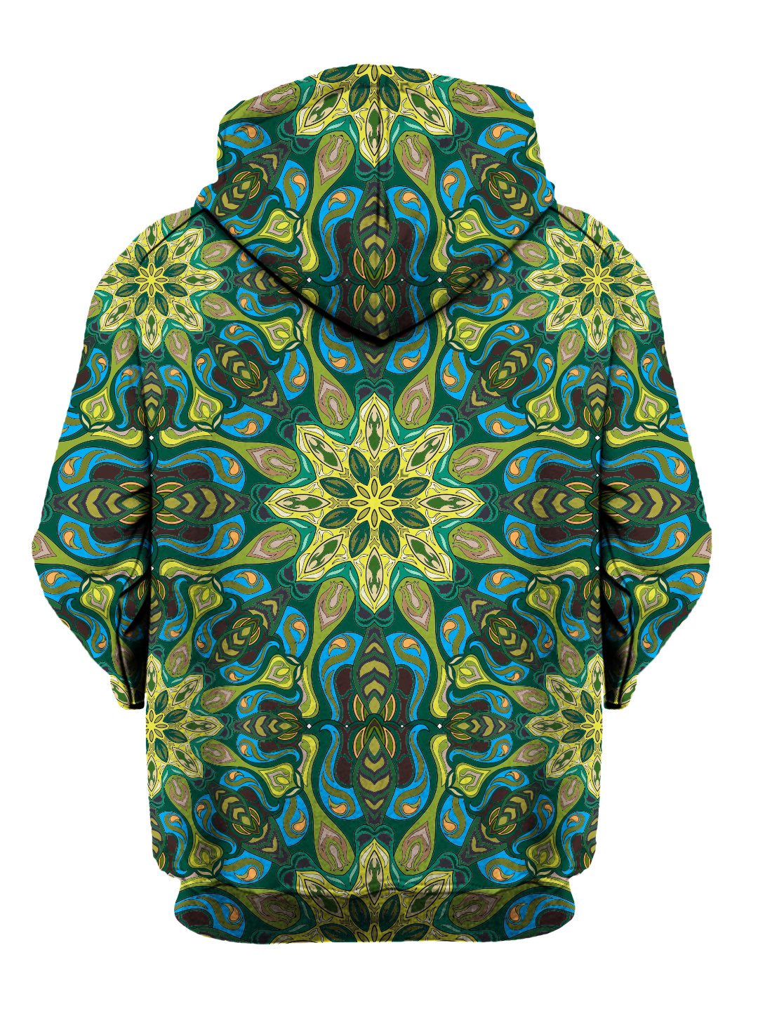 Rear of green & blue psychedelic mandala zip-up hoody. 