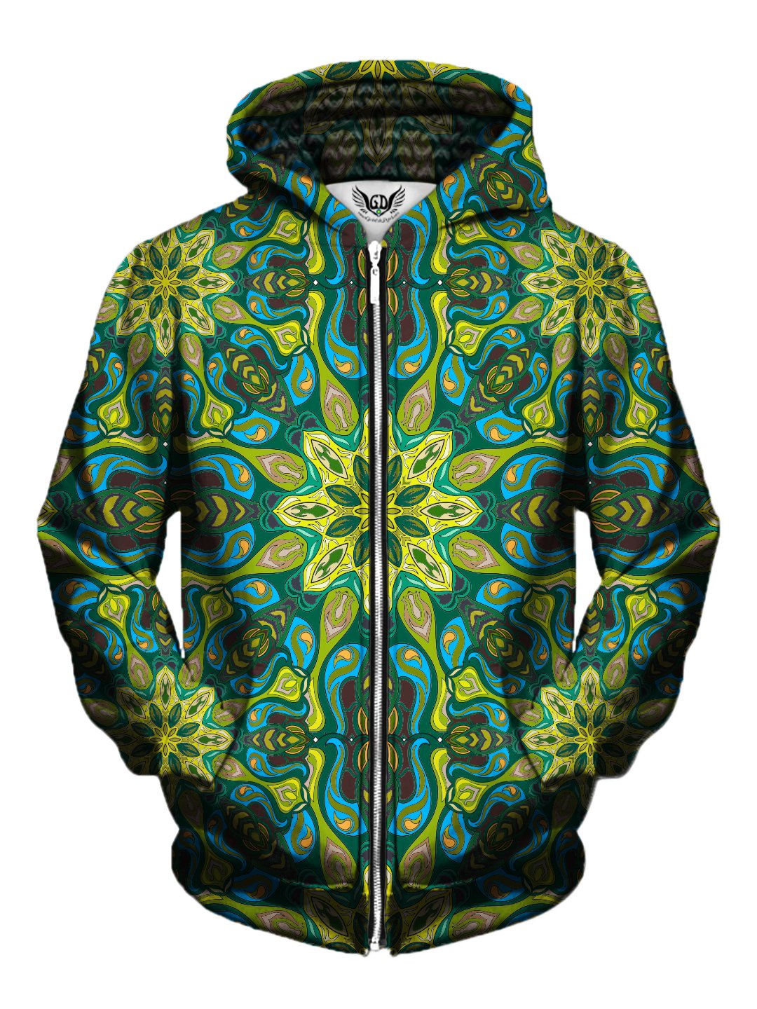 Men's green & blue psychedelic mandala zip-up hoodie front view.