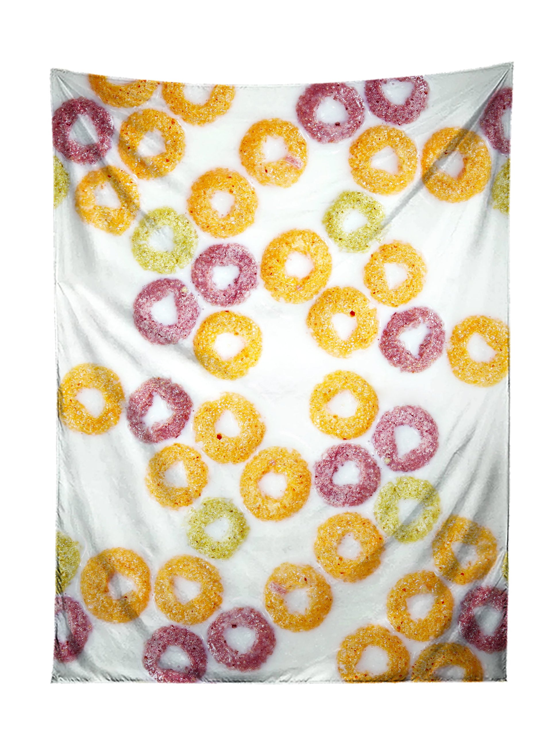 Vertical hanging view of all over print purple & orange cereal loops tapestry by GratefullyDyed Apparel.